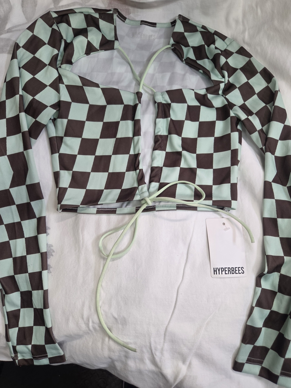 Mint & Brown Checkered Tie-Front Bandeau Top
